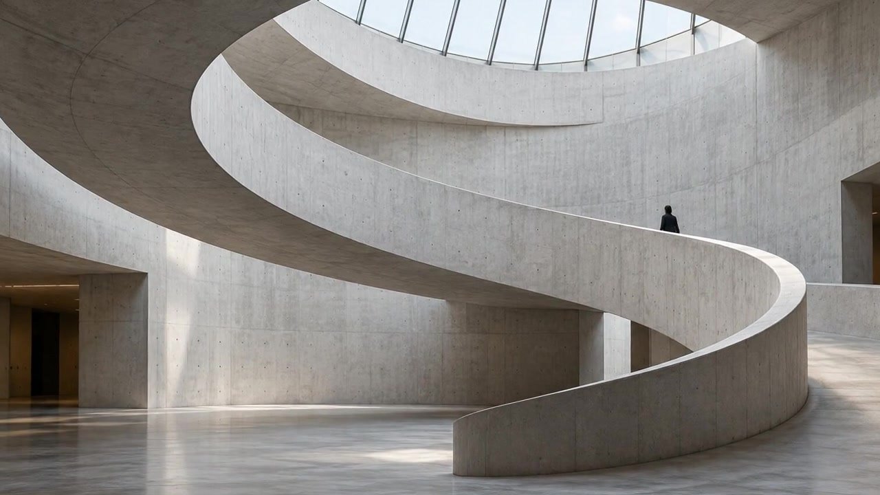 Slow moving view across a monumental spiral concrete museum ramp.