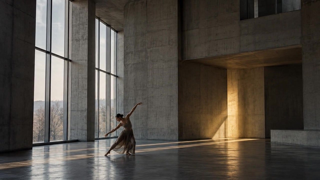 Slow moving view of a dancer rehearsing inside a brutalist hall.