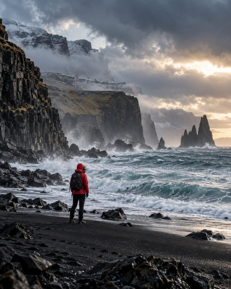 A researcher in a muted red jacket stands on a black-sand shore below basalt cliffs.