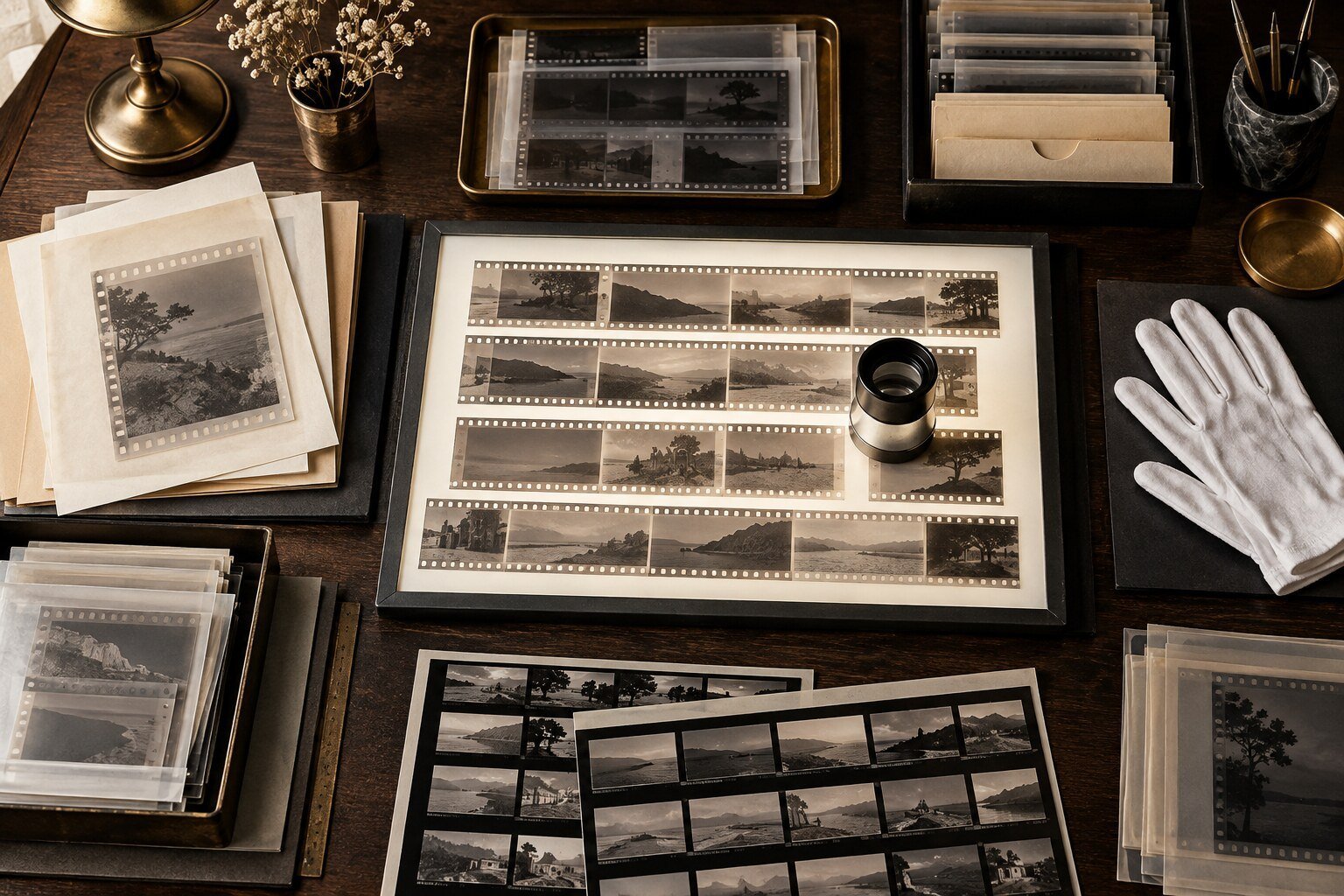 An overhead view of photographic negatives, contact sheets, gloves and a loupe on an archive table.