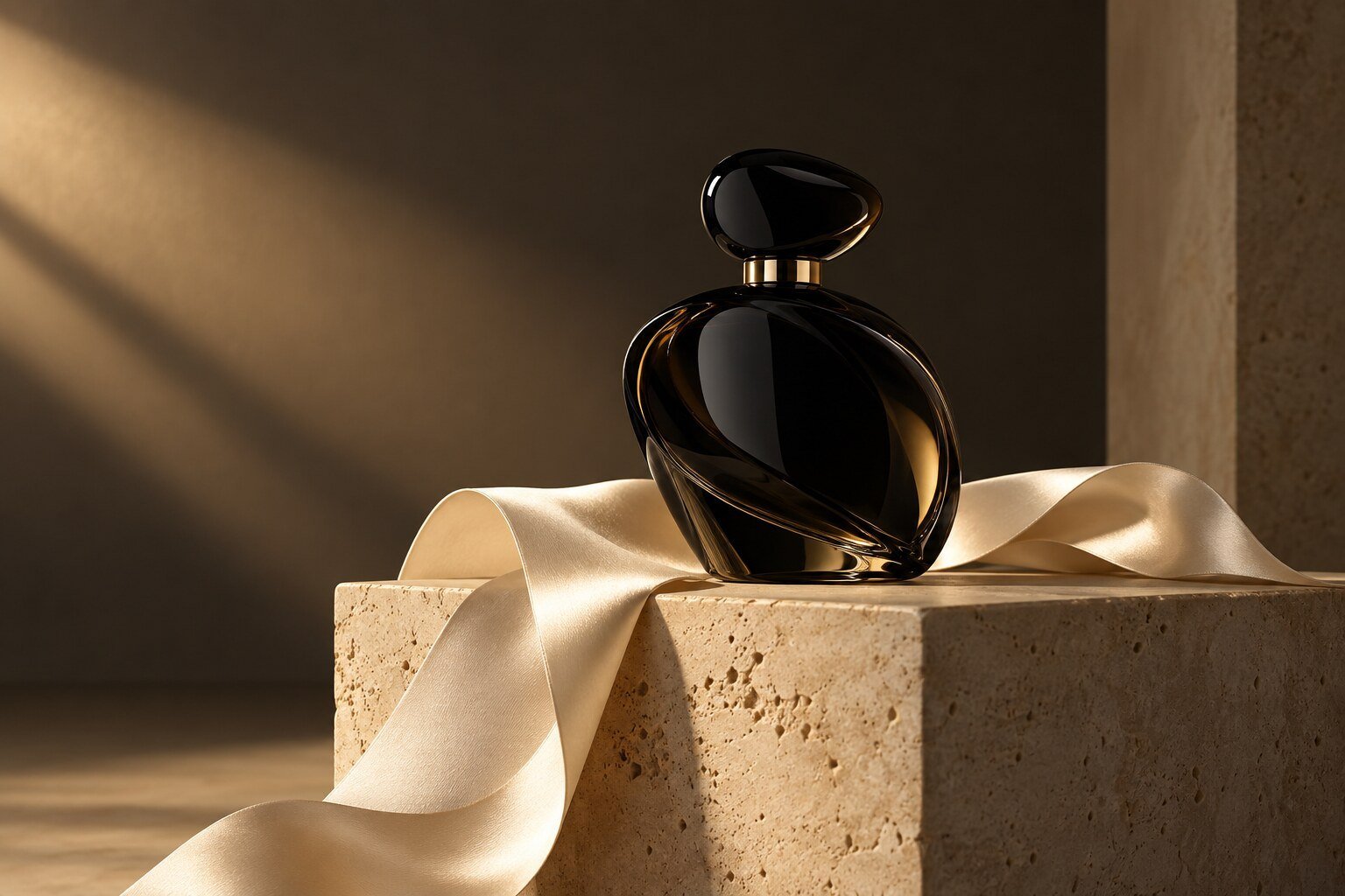 An unlabeled sculptural black glass bottle on a stone pedestal beside ivory silk.